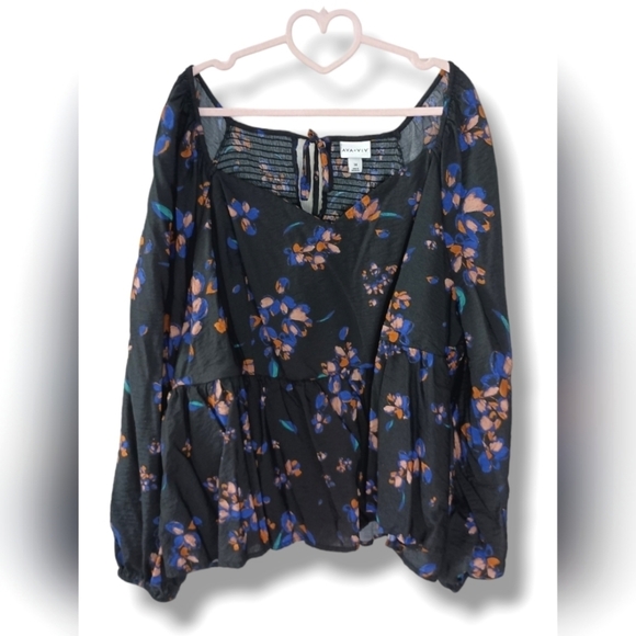 NWOT Ava & Viv Black Floral Peplum Shirt Puff Sleeve Blouse 3X - Picture 3 of 6